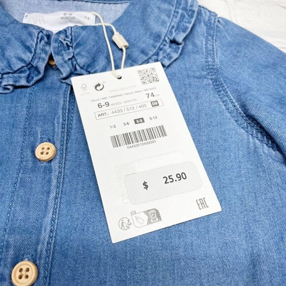 NEW Zara 6-9 mos Ruffle Collared Chambray Denim Button Up 100% Cotton - Picture 6 of 7